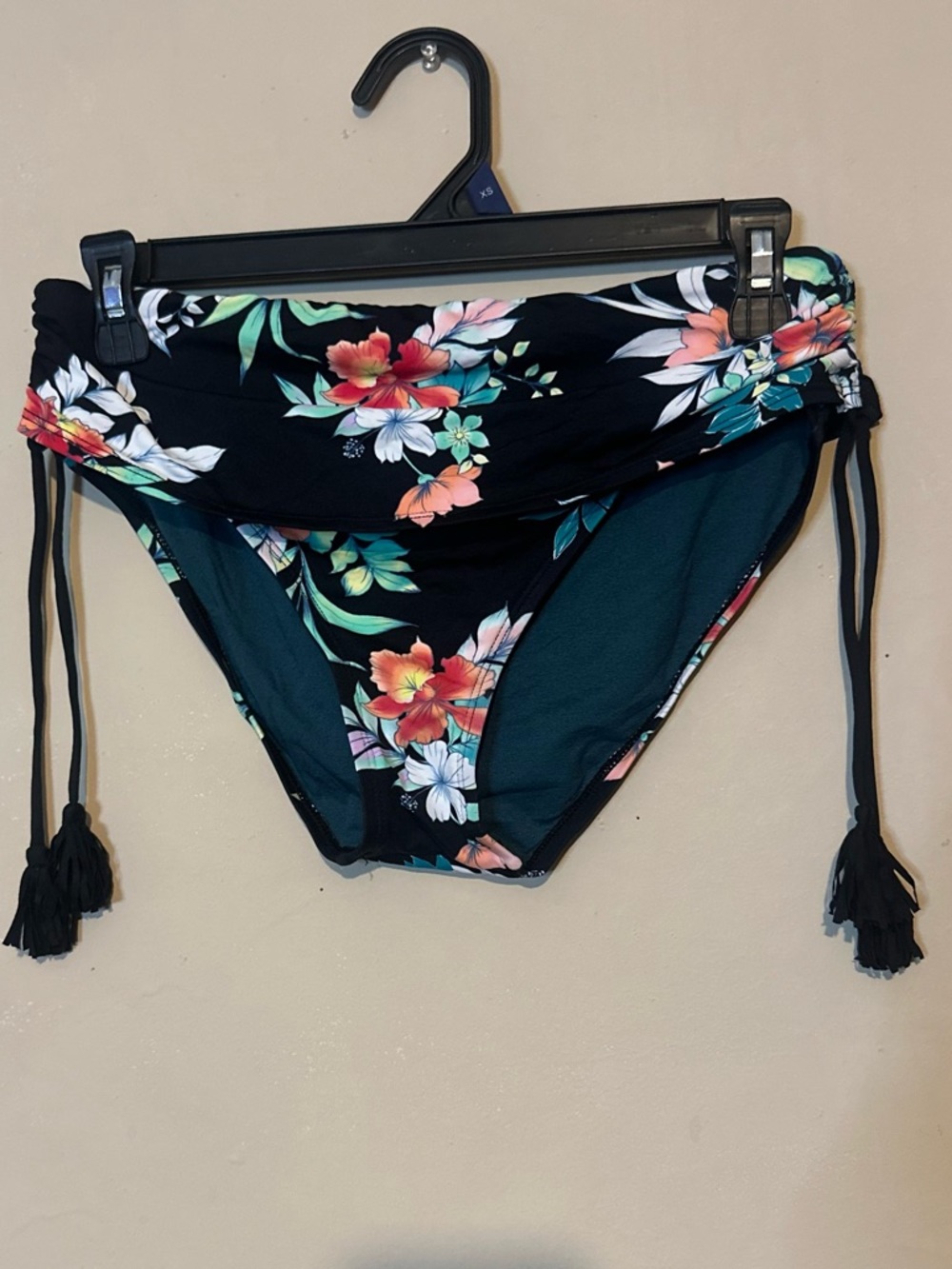 Floral Ruched Bikini Bottoms - Black with Tropical Print